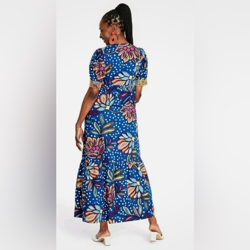 Tabitha Brown Vibrant Tropical  Floral V Neck Puff Sleeve Midi Dress SZ 4 Blue - Picture 2 of 7